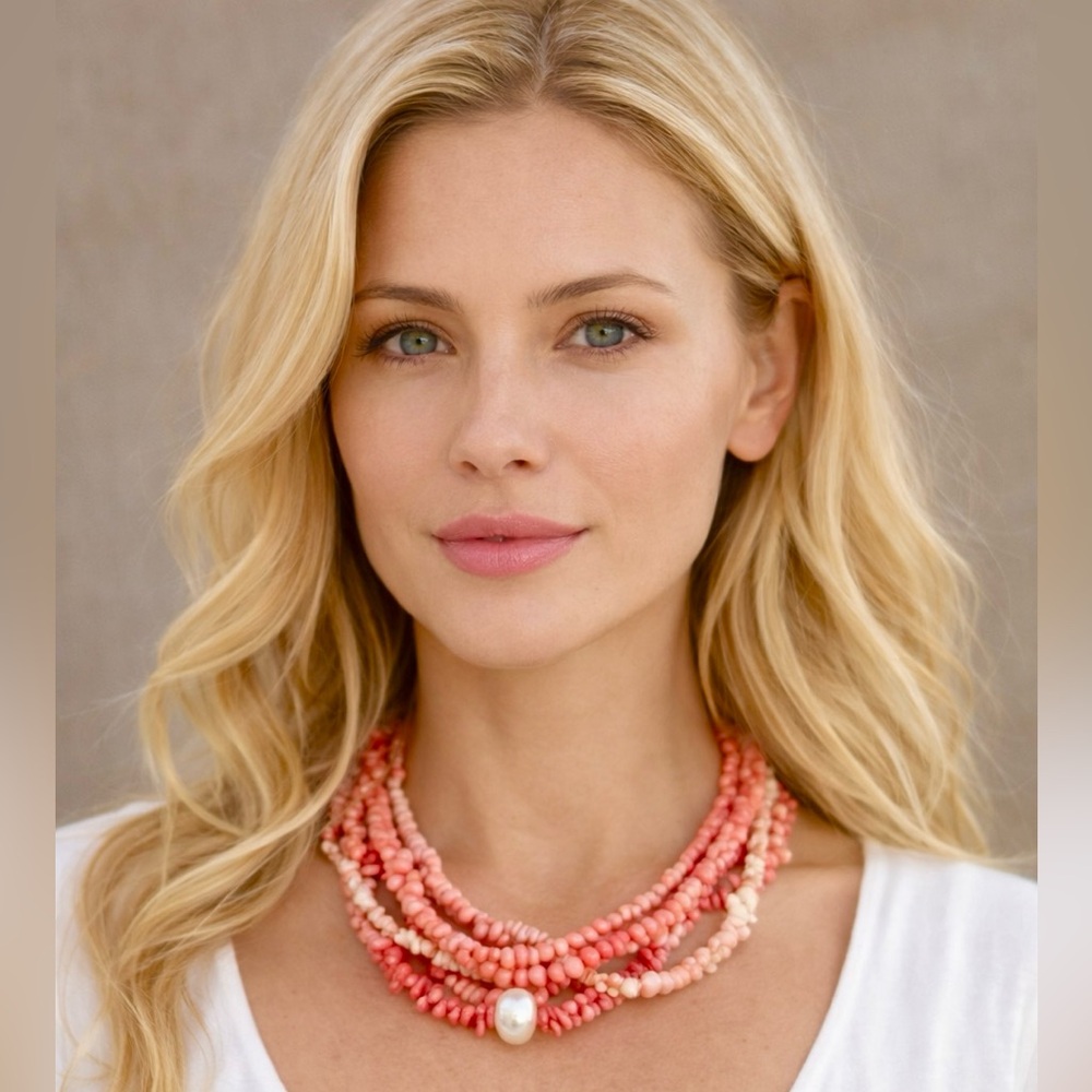 Multi-Strand Pink Coral Chip Necklace with Freshwater Pearl – Boho Statement